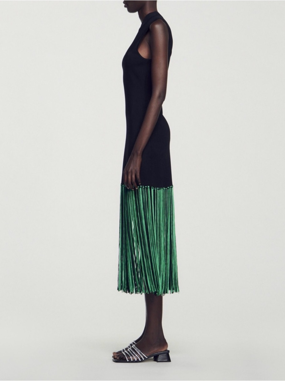 Sandro Bambie Black & Green Fringe Hem Knit Dress - Picture 2 of 10